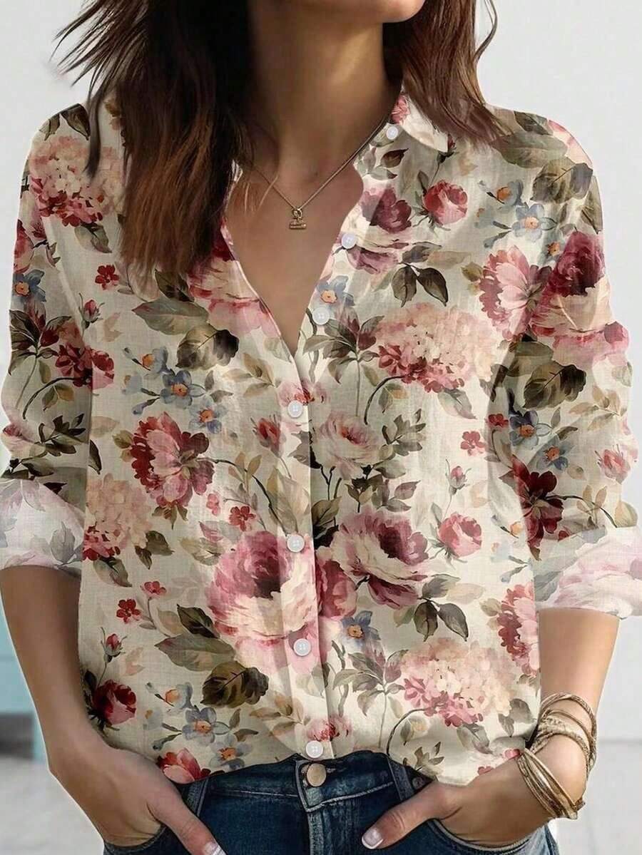 Selamara Camisa de mujer de manga larga con botones y estampado casual, adecuada para paseos y estilismo casual, elegante manga larga, estilo relajado, ajuste cómodo, diseño innovador - Multicolor 3 - Ver 1