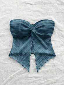 Nuevo estilo de top tubo de punto estampado rosa con dobladillo retorcido asimétrico y espalda descubierta para playa, resort, festival de música y verano bohemio para mujeres - Azul 2 - Ver 5