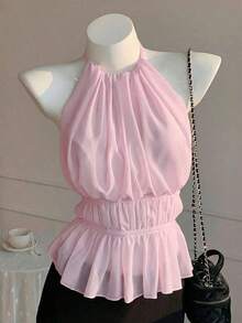 Top sin mangas con cuello de halter plisado, cintura ajustada y espalda abierta - Rosa - Ver 3
