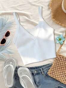 Top de tirantes corto de punto acanalado de unicolor minimalista para uso casual y diario de verano para mujeres - Blanco 3 - Ver 3