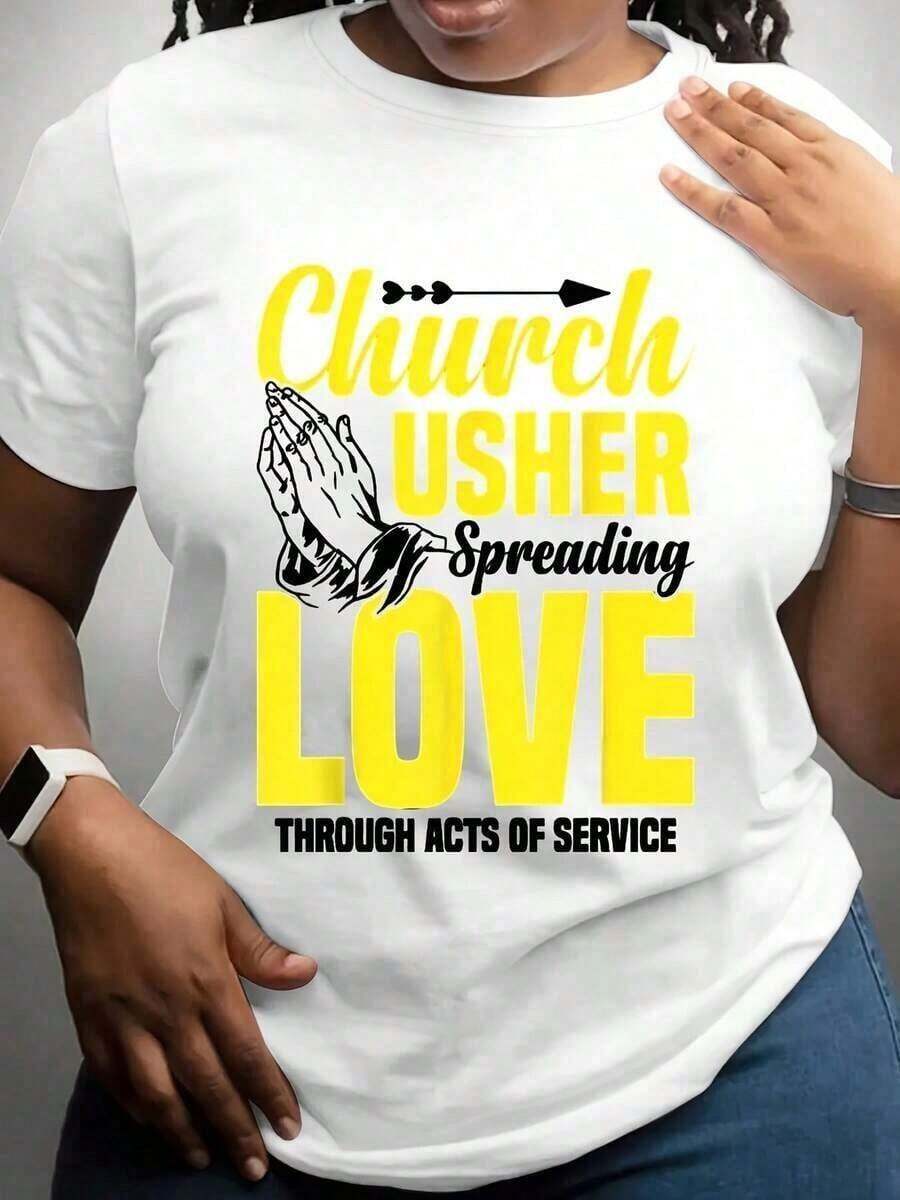 1 camiseta de asistente de iglesia con manos en oración y flecha, con texto: Asistente de iglesia difundiendo el amor a través de actos de servicio, evento de ministerio de iglesia, 180g, 100% algodón. - Blanco - Ver 1