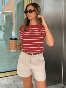 PariChic Camiseta casual de mujer a rayas, camisetas gráficas versátiles para mujer - Rojo y blanco - Ver 3