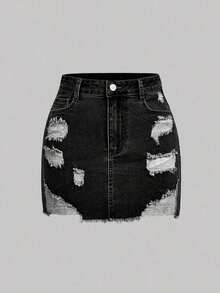 Falda corta de jean con bolsillos y dobladillo deshilachado para mujer - Negro - Ver 1