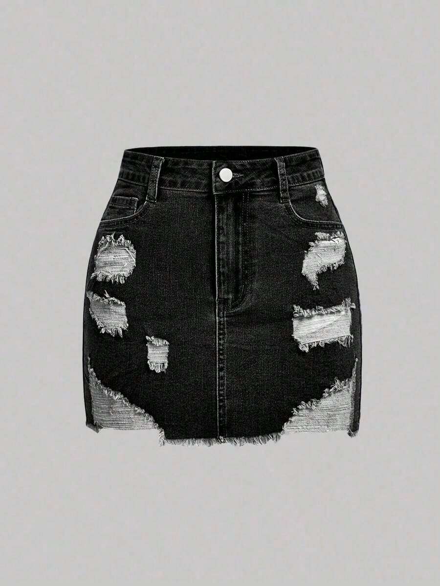 Falda corta de jean con bolsillos y dobladillo deshilachado para mujer - Negro - Ver 1