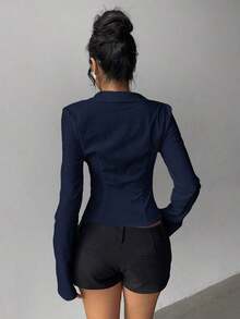 AYYAloruh Camisa de mujer de manga corta con pliegues en la cintura, de color blanco sólido y elegante, versátil, adecuada para ir al trabajo, uso diario, primavera/veranoAYY - Azul marino - Ver 2