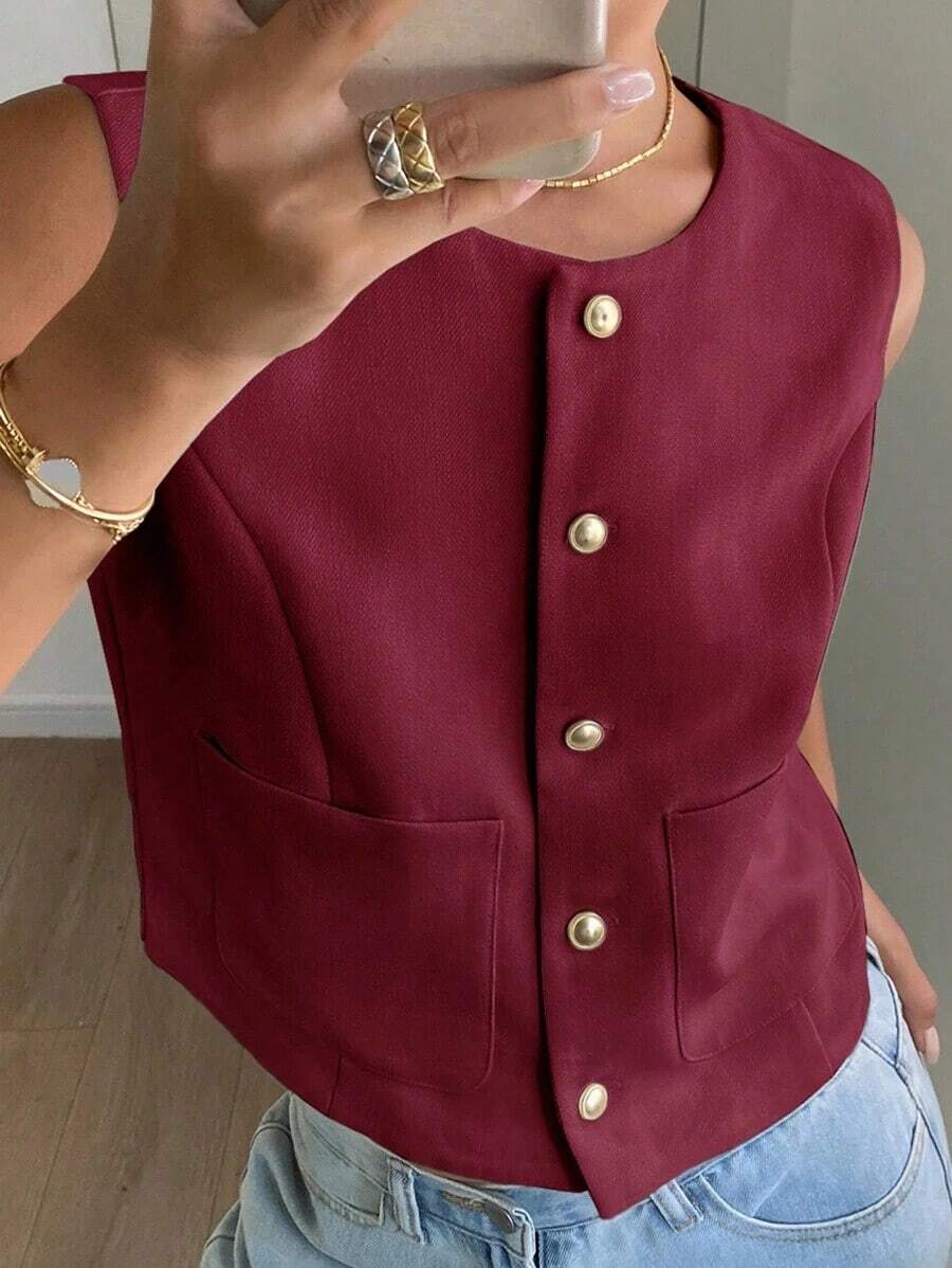 aqueta ajustada de cuello redondo sin mangas de unicolor para mujer, primavera y verano - Burdeos - Ver 1