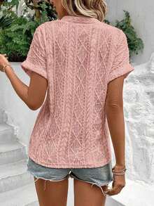 Camiseta suelta de mujer de manga de murciélago con escote en pico, de tela texturizada de unicolor, para verano y vacaciones - Rosa - Ver 2