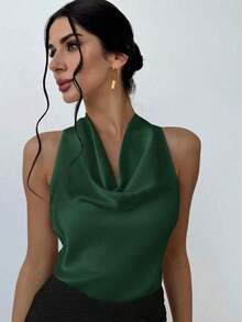 1 pieza Blusa de mujer con cuello de lazo en color albaricoque, minimalista y elegante, top sin mangas - Verde Oscuro - Ver 3