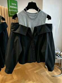 Blusa suelta de manga larga y hombros descubiertos de moda para mujeres - Negro - Ver 3