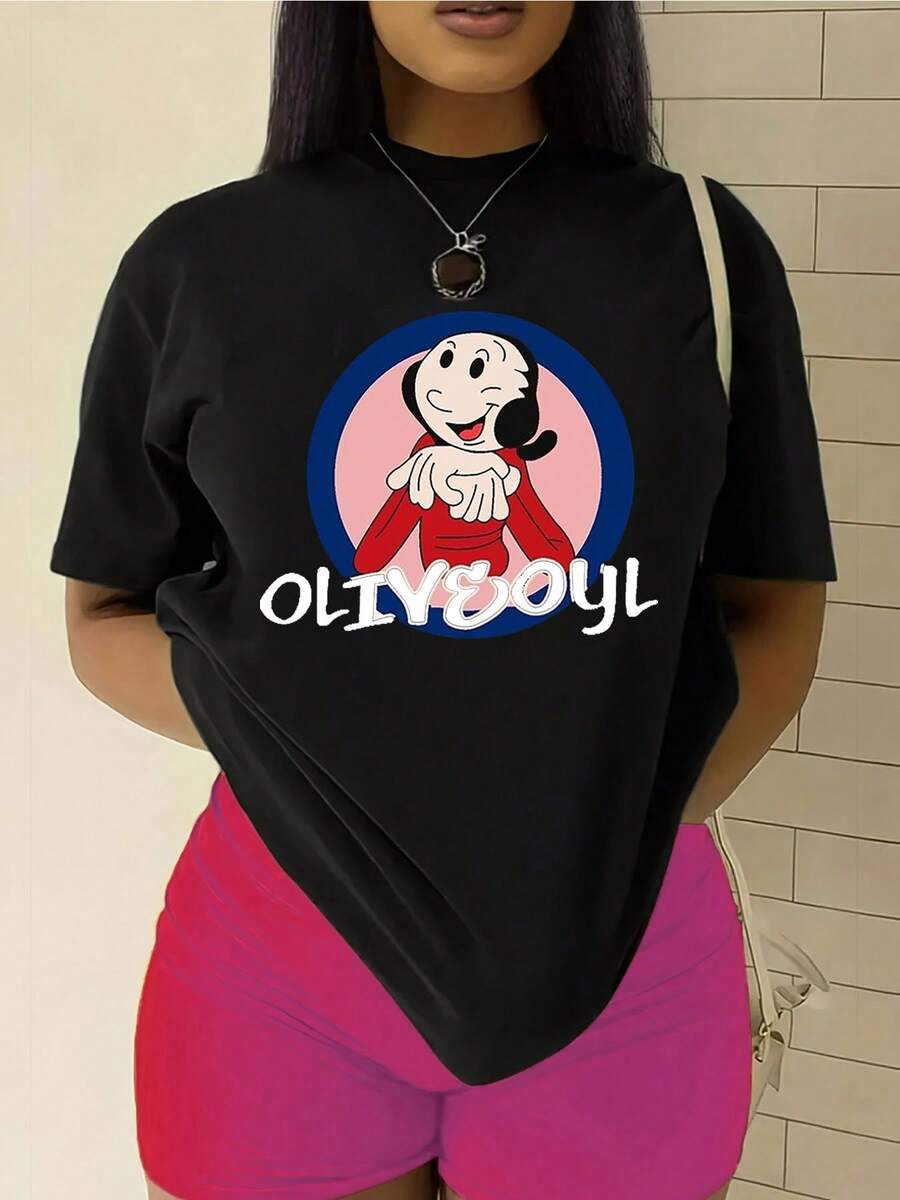 Women's fashionable T-shirt, featuring the "Mighty Man from and " pattern print, made of 100% pure cotton with a round neck and short sleeves. It is comfortable and breathable, casual and elegant, a must-have for summer. - Negro - Ver 1