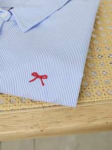 ElCamisa de manga corta holgada con bordado de mariposa a rayas azules para mujer, corta - Multicolor 3 - Ver 5