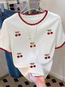 Camiseta de mujer de moda casual con cuello redondo y hombros caídos, camiseta con bordado de cereza, camiseta con bordado de toalla de cereza, camiseta casual y cómoda para exteriores, camiseta para todas las estaciones, camiseta con estampado de frutas - Blanco 5 - Ver 3