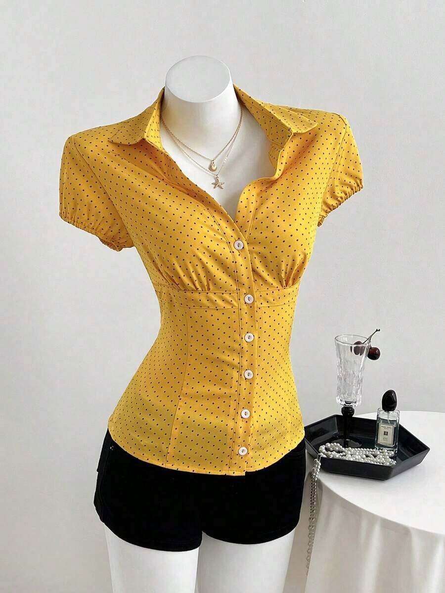 Camisa de mujer con cuello en V, cintura fruncida y manga corta, color blanco, para primavera/verano - Amarillo - Ver 1