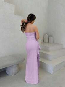 Vestido de dama de honor de boda de verano, vestido largo blanco con pliegues, abertura alta, volantes y tiras para fiesta, sin mangas y sin tirantes, sexy - Púrpura malva - Ver 2
