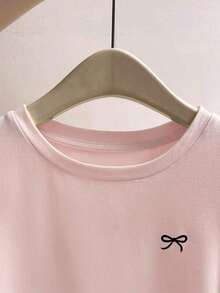Camiseta casual de manga larga, cuello redondo, con estampado de lazo, color negro para mujer - Rosa Pálido - Ver 3