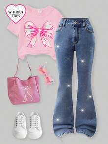 Explorewe Jeans de mezclilla estilo Y2K versátiles lavados y desgastados con pierna acampanada y elásticos para niñas adolescentes - Lavado ligero - Ver 9