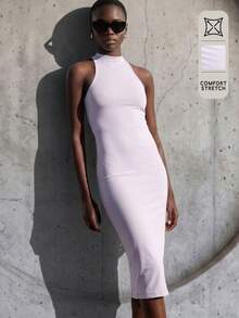 Rouah Lilac Summer Bodycon Midi Dress With Ruched Waist And High Neck Halter Silhouette - Mauve Purple - View 1
