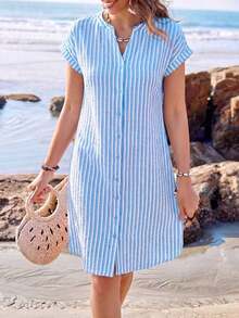 Vestido camisero de verano para mujer, de manga corta, cuello en V y rayas, hasta la rodilla, vestidos de verano para mujer, vacaciones - Celeste - Ver 5