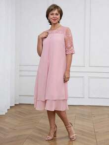 Medorina Vestido de mujer con cuello redondo, manga corta, volantes en el bajo y encaje en contraste, conjunto de verano para vacaciones para mujer en primavera y verano - Rosa - Ver 7