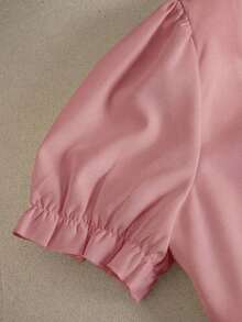 Vestido casual de línea A de manga corta con cuello cuadrado y perlas, unicolor elegante, adecuado para invitados, banquetes, cumpleaños, fiestas, verano/otoño, citas, ir al trabajo, estilo callejero, color albaricoque - Rosa - Ver 3