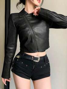 Chaqueta corta de PU casual y holgada para mujer, estilo callejero para otoño e invierno, ropa de mujer de otoño - Negro - Ver 6