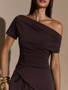 Conjunto de 2 piezas de top de manga corta y pantalones con cuello asimétrico sexy de color marrón sólido para mujer en otoño/invierno, Conjunto de 2 piezas de punto con forro térmico para mujer en otoño/invierno, Top asimétrico de punto básico para mujer - Marrón - Ver 7