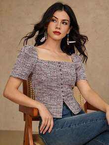 Blusa elegante de mujer de unicolor con jacquard, top tipo babydoll de verano - Rosa - Ver 1