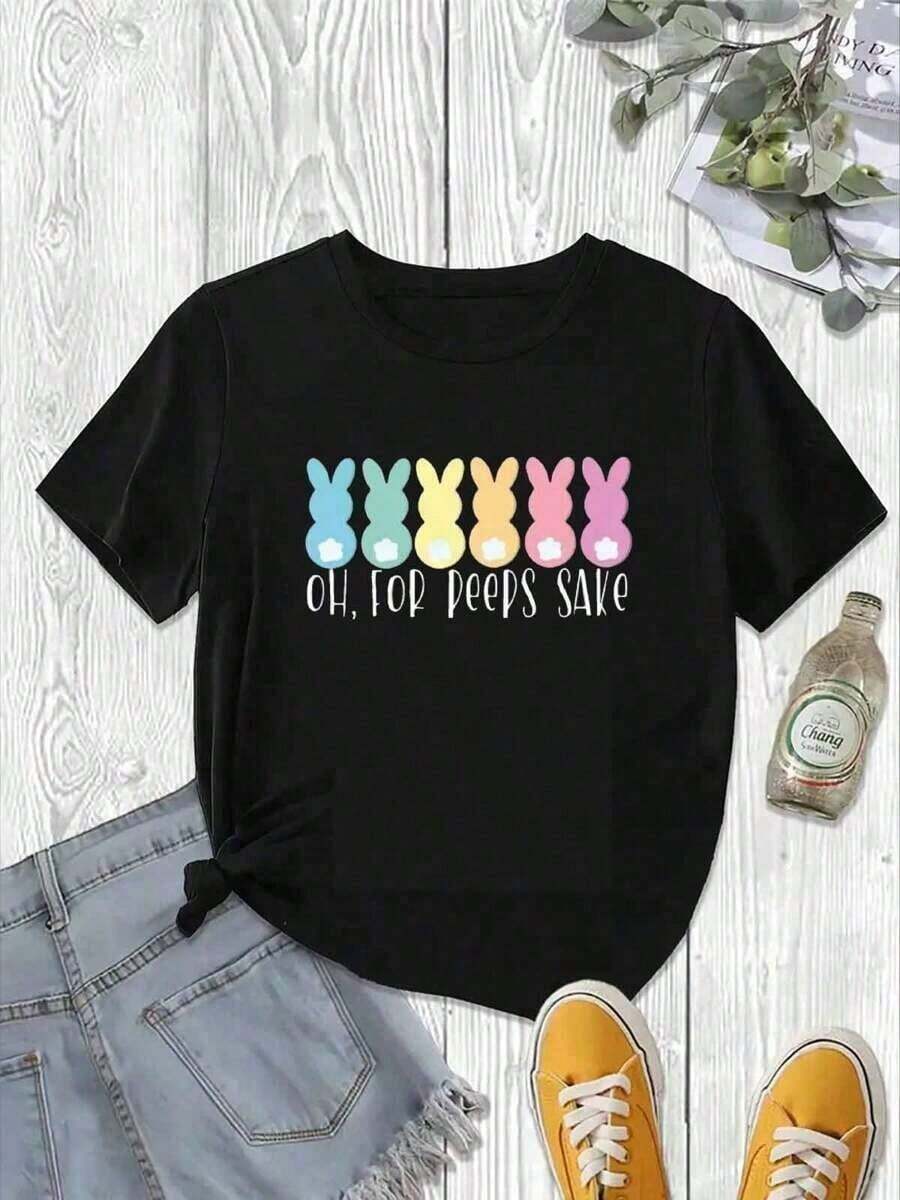Cute Easter T-Shirt, Easter Family T-Shirt, Soft, Breathable And Comfortable Cotton T-Shirt With Round Neck, Easter Gift, Casual T-Shirt. - 黑色 - 查看 1