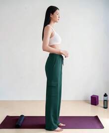 Pants Deportivo Cargo Dama Moda Comodo Con Bolsas Deportivo, Gym, Color Solido, Caliente, Resistente Mujer Pierna Ancha, Cintura con Cordon - Verde Botella - Ver 1