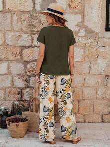 Set de 2 piezas de top de cuello redondo casual y pantalones sueltos para mujer, conjunto versátil adecuado para primavera y otoño - Multicolor 6 - Ver 2