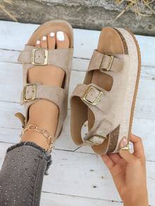 Giày sandal nữ điều chỉnh được kiểu đan rơm, quai đôi có khóa cài phía sau, hở mũi, đế dày, giày casual mùa hè, sandal đế dày, kiểu dáng đi nghỉ mát. - Màu kaki nhung - Xem 2