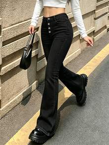 Jeans acampanados de talle medio con ajuste ceñido y elástico, con bolsillos laterales, pantalones estilizadores y elegantes para mujer - Negro - Ver 4