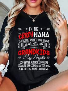 Elegante Camiseta Diaria para Mujer con Estampado Divertido "Soy una Abuela Locuaz" - Diseño con foto o icono de un adorable nieto mayor con la frase "No te metas con mis nietos", ideal como regalo para la abuela, camiseta casual de manga corta y cuello redondo, regalo perfecto para la abuela, camiseta elegante y a la moda. - Negro - Ver 7