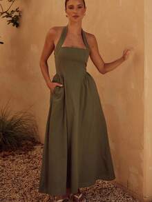 Vestido verano elegante tirantes anchos diseño halter espalda descubierta estilo moderno y chic para mujer moda europea - Verde Oscuro - Ver 4