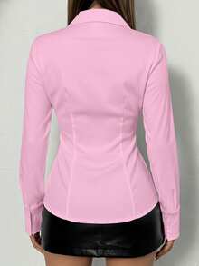 Camisa de manga larga con cuello y botones, de corte slim, de primavera/otoño para mujer, de moda minimalista, elegante y casual, esencial para deportes - Rosa Pálido - Ver 4
