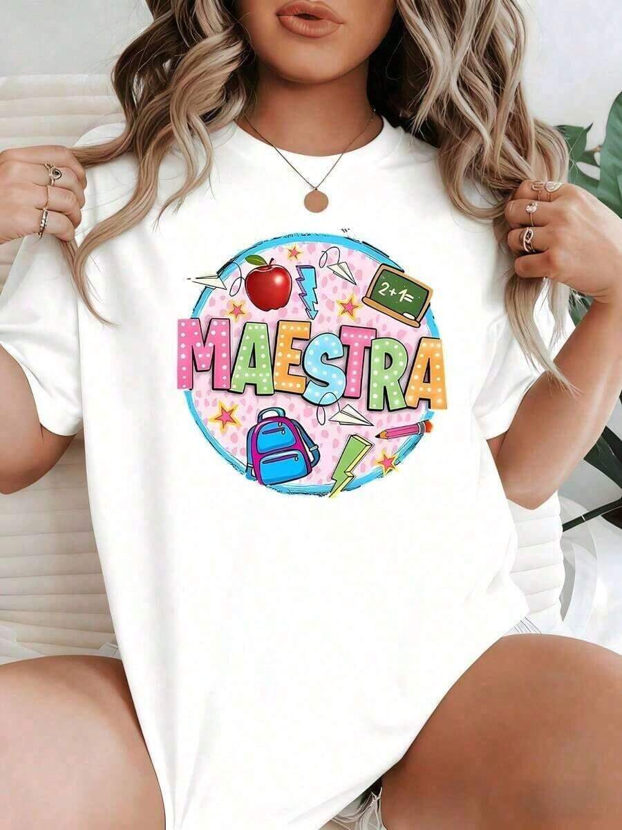 Short-Sleeve Graphic Tees Colorful Print With The Word TEACHER Surrounded By Apple, Chalkboard, Backpack, Pencil, Stars And Learning Symbols That Celebrate Educational Dedication. Women's T-Shirt, 100% Cotton, Comfortable And Creative. - 白色的 - 查看 1