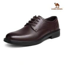 CAMEL CROWN Zapatos de cuero genuino para hombre, zapatos Derby de cuero genuino grueso formales para novio de boda, tallas grandes - Marrón - Ver 2