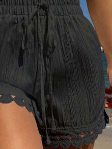 Conjunto de 3 piezas de ropa de verano para vacaciones en la playa para mujer: Cubrecostos con cintura anudada y encaje, Top de traje de baño, Shorts - Negro - Ver 4