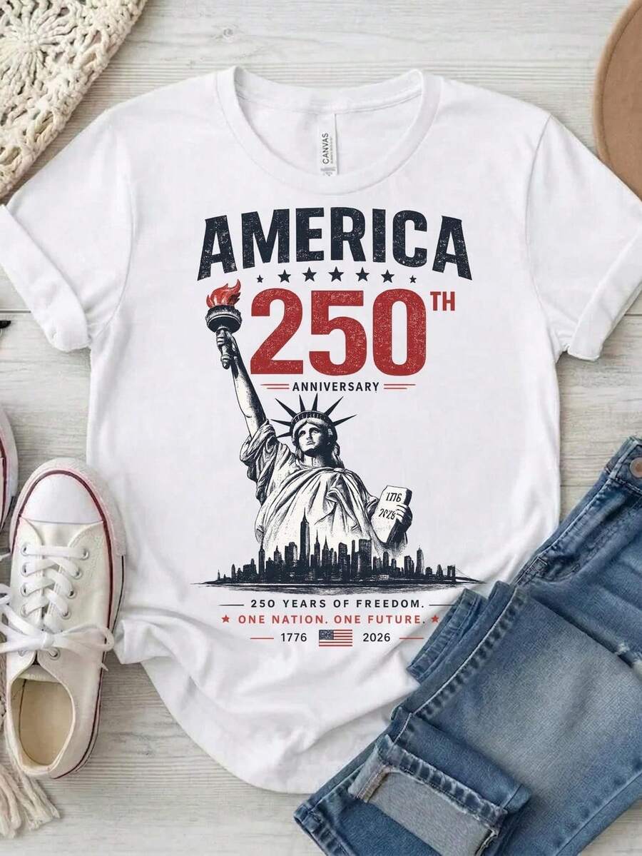 Camiseta del 250 aniversario de la Estatua de la Libertad de América, camiseta de EE. UU. 17762026, camiseta de los 250 años de América, camisetas patrióticas con la bandera estadounidense. Camiseta unisex de algodón puro de 220 g, peso ideal para todas las estaciones, adecuada tanto para hombres como para mujeres. Tejido duradero de alta calidad, suave al tacto y de larga duración. Parte superior transpirable. Adecuada para la primavera y el verano de las mujeres, vacaciones, Día de la Madre, Día de la Independencia. - Blanco - Ver 1