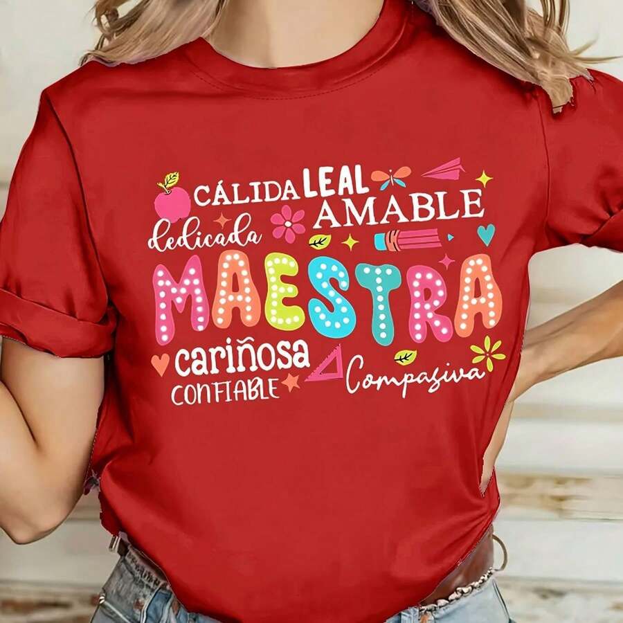 Camiseta Maestra con Texto Características Profesoras - Rojo - Ver 1
