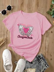 Women's Pink Oversized Summer T-Shirt With "Love You Cherry Much" Phrase And Cherries. Loose-Fitting Round Neck T-Shirt With Printed Text And Cherry Design. - YH437-粉紅色 - 查看 2
