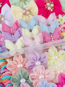 871pcs Spring Candy Color Sweet Children Hair Accessories Set, Includes Rhinestone Pearl Butterfly Flower Hair Clips, Textured Bow Hair Clips, Gradient Daisy Hair Clips, Mesh Bow Side Clips, Mini Claw Clips, High Elastic Ruffle Hair Ties, Colorful Towel Rings And TPU Headbands, Suitable For Children's Daily Wear And Party - Multicolor - View 6