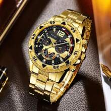 4-Piece Fashion Business Casual Men's Watch Set, Large Dial Round Steel Band Quartz Watch, Includes Personalized Chain Bracelet, Cross Pendant Necklace, Ring Accessory Set, Suitable For Men's Gift, Applicable For Holiday, Business, Party And Daily Wear - Gold - View 4