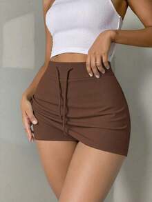 Minifalda de mujer con cintura baja y cordón, para verano - Marrón - Ver 3