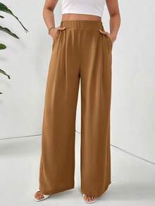 Pantalones casuales sueltos con bolsillos plisados y unicolor básico para mujer - Marrón - Ver 4