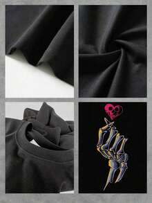 Graphic Tee With A Heart-Shaped Skeleton Hand. Stylish Women's Tee With Unique Artwork. Perfect For Casual Wear. Modern And Comfortable Cotton Blend Fabric. Available In Various Sizes For A Perfect Fit. - 黑色 - 查看 4
