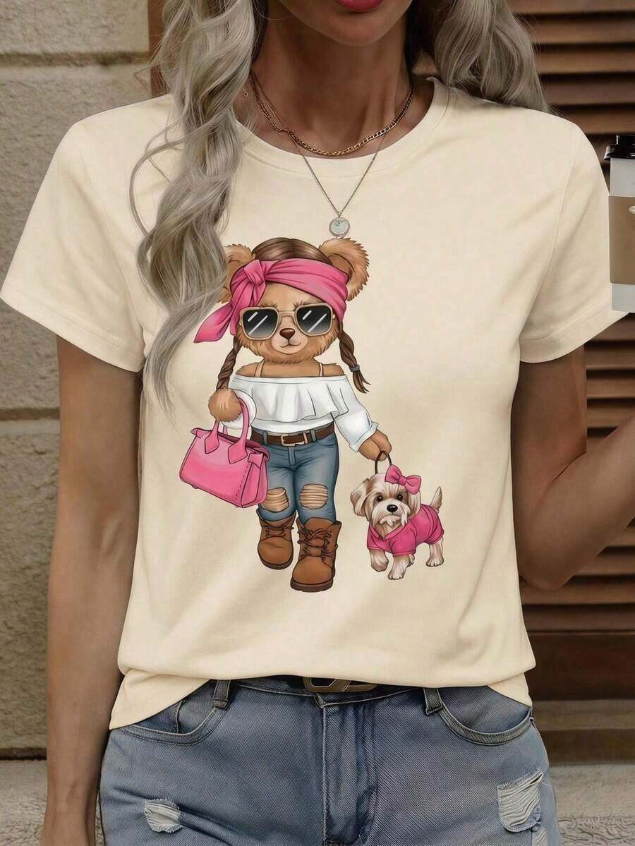 Camiseta Casual de Manga Corta para Mujer, Color Negro, con Cuello Redondo y Estampado Gráfico de Osos y Perros, Corte Regular, Top de Poliéster para Moda de Otoño AKXX - Albaricoque - Ver 1
