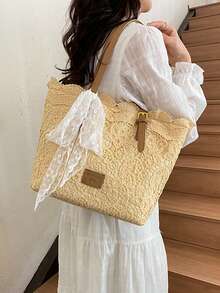 Bolso de hombro de gran capacidad con diseño de nicho, estilo fresco y literario, decorado con lazo, moda casual, adecuado para vacaciones, uso diario y días festivos - Caqui - Ver 6