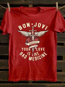Camiseta de manga corta con estampado de la banda BON JOVI para primavera/verano, camiseta casual de cuello redondo para mujer, ropa casual de moda, camiseta sencilla para mujer, camiseta de verano. - Rojo - Ver 2