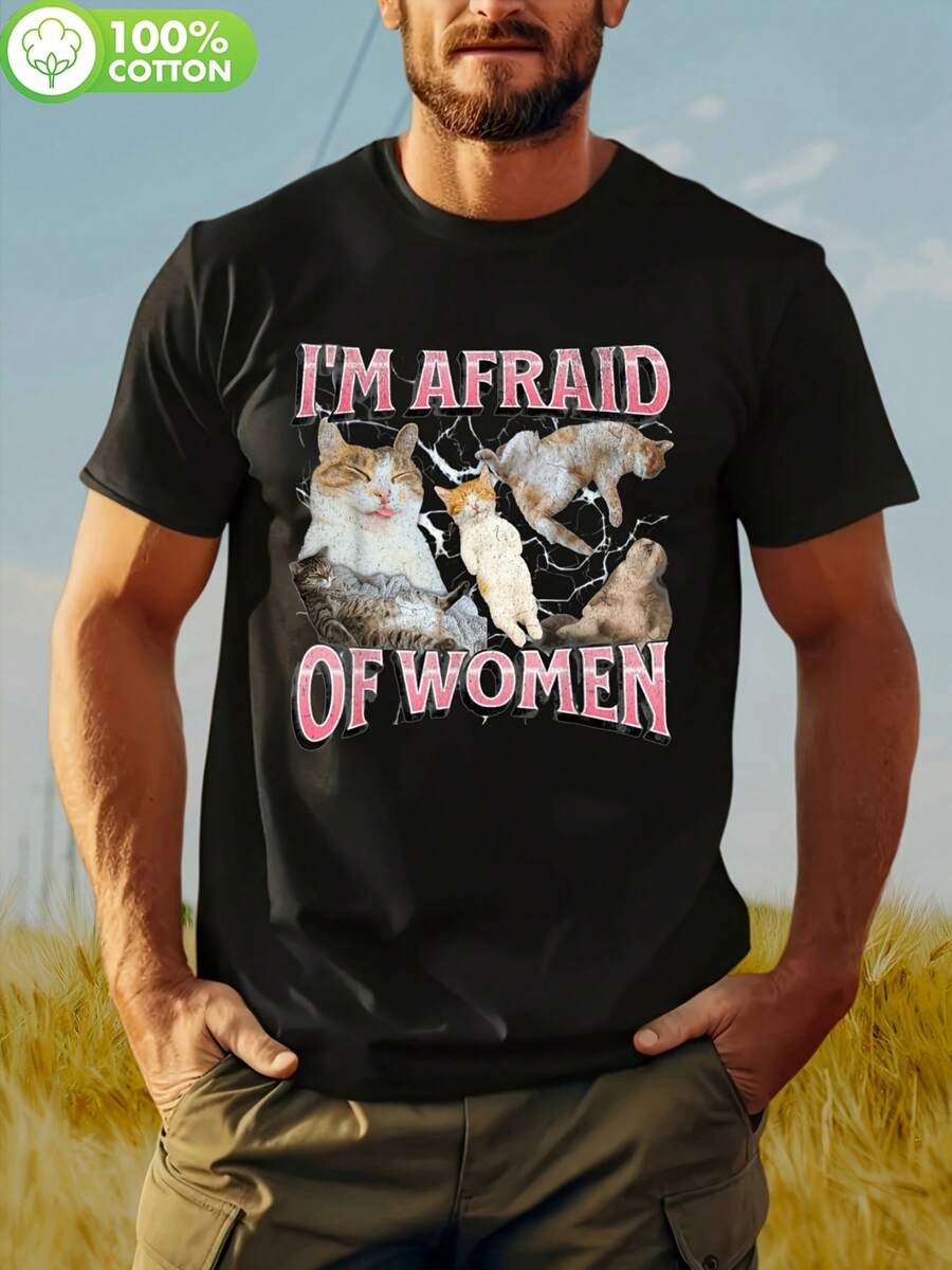 Camiseta Divertida de Hombre con Estampado de Gato - Rosa Intenso con Texto 'Tengo Miedo de las Mujeres' y Gráfico de Gatos Agresivos - Camiseta de Corte Holgado - Ajuste Relajado para Atuendos Casuales, Fiestas, Vestimenta Informal - Negro - Ver 1